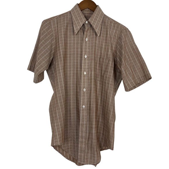 Vintage Men’s Brown Patterned Short Sleeve Button Down 70s Dagger Collar Small - Picture 5 of 10